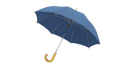 Elegant Blue Umbrella with Golden Handle Isolated on Black Background for Rainy Weather Concepts and Designs Protective Gear for Outdoor Use