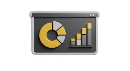 Stylish 3D Render of Data Analytics Dashboard Displaying a Pie Chart and Bar Graph on Black Background for Business Insights