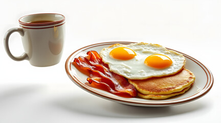 American diner style breakfast plate with two sunny side up eggs, crispy bacon, pancakes, and cup of coffee, warm and inviting meal