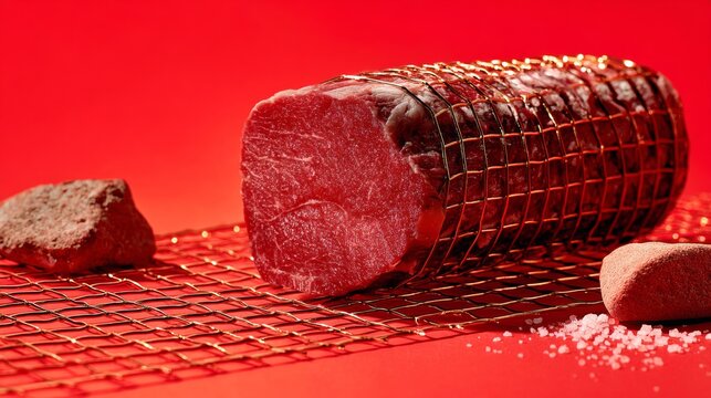 Raw cured meat sausage on red background with spices for butcher product photography food preservation culinary protein concept lifestyle visual