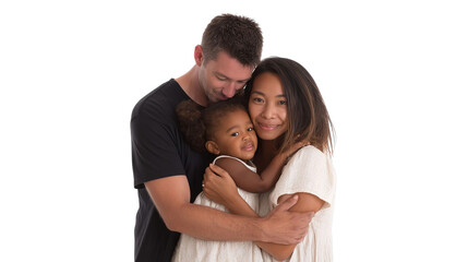 Fototapeta premium A loving multiracial family, composed of a father and mother embracing their young daughter, radiating warmth and joy.