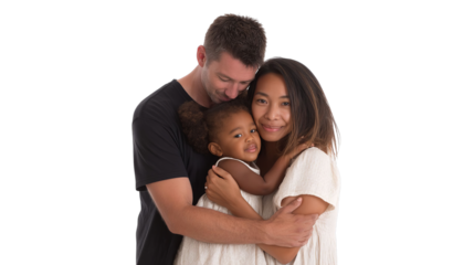 A loving multiracial family, composed of a father and mother embracing their young daughter, radiating warmth and joy.