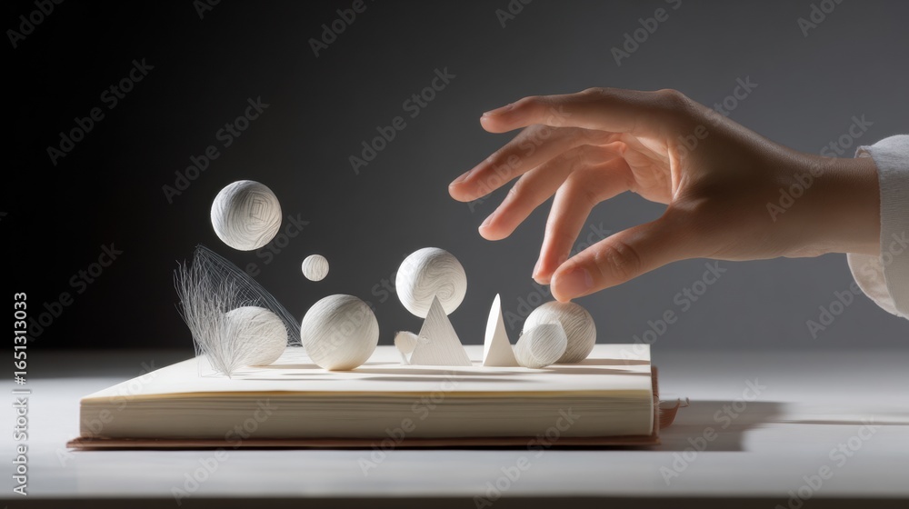 Poster hand reaching for floating geometric shapes above a book on a table in soft lighting
