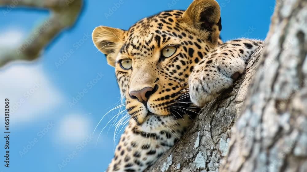 Poster a close-up shot of a leopard's face and body as it rests on a tree branch, with leaves and branches 