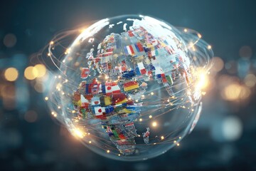 Global connectivity. A transparent globe, outlined by glowing connections, displays flags representing various nations, set against a softly lit, blurred background