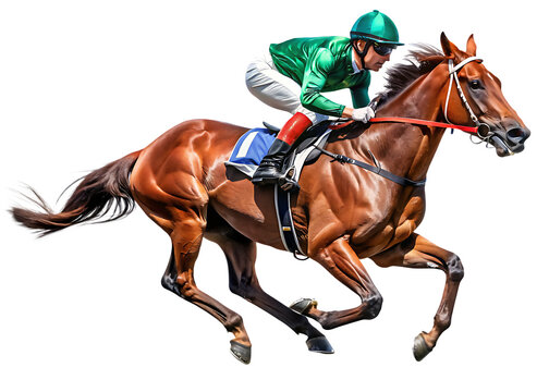 jockey and horse racing full isolated on white background PNG ,AI GENERATED