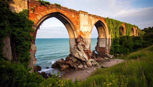 Ruined arch bridge overlooking sea