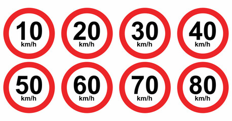 Speed limit road sign icon set, from 10 to 80 km/h. Traffic regulation symbols.