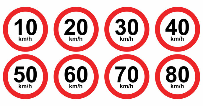 Naklejki Speed limit road sign icon set, from 10 to 80 km/h. Traffic regulation symbols.