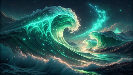 Blue and luminous, a fractal vortex of swirling light and water-like patterns illustrates an abstract galaxy's boundless energy and fantasy