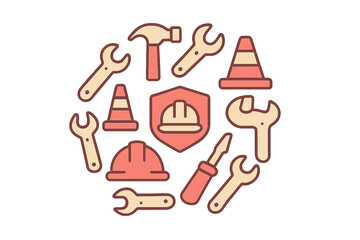 Construction tools and safety symbols vector illustration