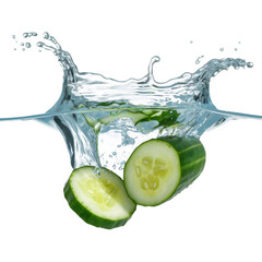 Two slices of cucumber falling into the water creating a splash isolated on transparent background, close up shot