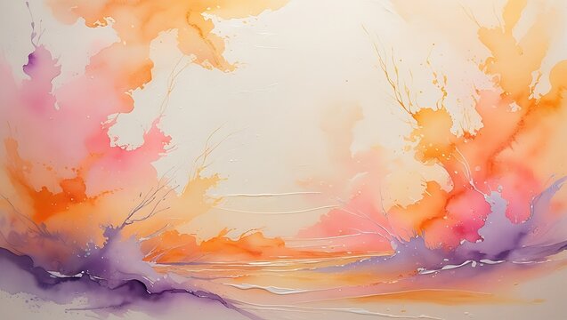 Abstract watercolor landscape in warm orange and pink tones with brushstroke texture