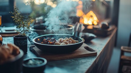 Vintage style kitchen setup with warm lighting and herbs for rustic food photography lifestyle cooking visual composition culinary inspiration