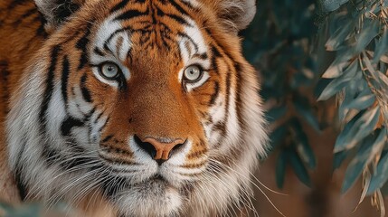 Fototapeta premium Majestic Bengal Tiger in Ranthambore Forest Looking at Camera, Hyper-Realistic Wildlife Close-Up with Lush Green Vegetation