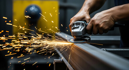 Skilled craftsman intensely grinding metal, creating a shower of golden sparks in a workshop