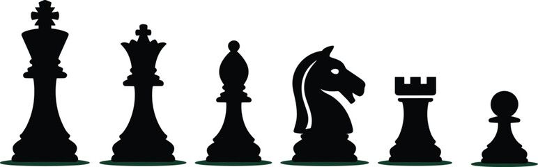 Chess pieces silhouette, king, queen, bishop, knight, rook, pawn, strategy game, black and white, isolated, vector illustration