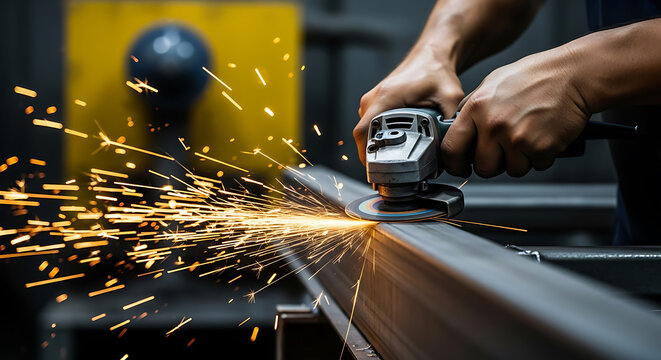 Skilled craftsman intensely grinding metal, creating a shower of golden sparks in a workshop