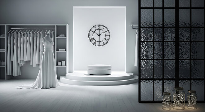 Serene bridal atelier showcasing an elegant wedding gown in a minimalist white space with a clock