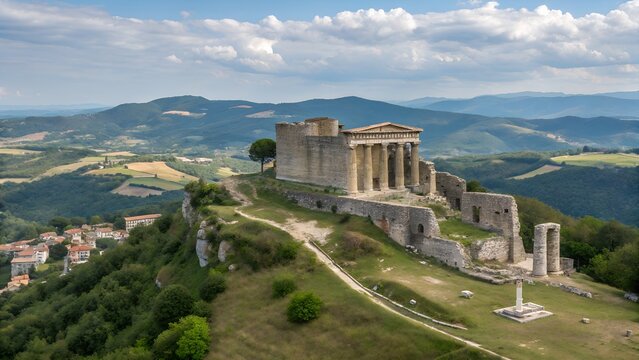 Ancient Roman architecture in the sprawling city of Rome, Italy, with views of the historic cityscape and surrounding hills - Powered by Adobe