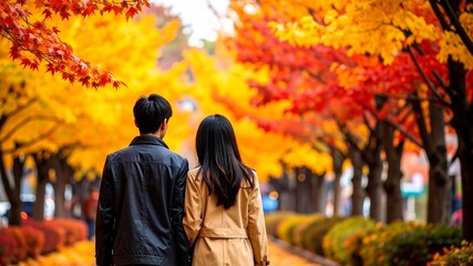 鮮やかな秋の紅葉を眺める恋人達