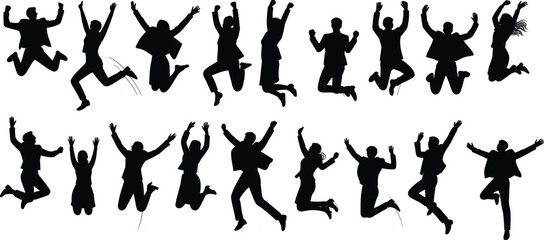 Jumping people silhouettes, energetic poses, black vector, dynamic movement, celebration concept, active lifestyle, expressive figures, white background, dance motion, freedom symbol