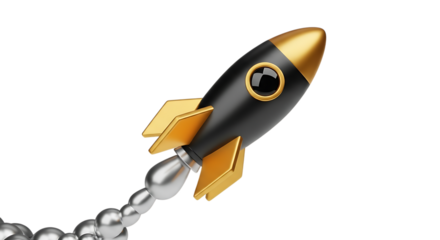 Stylized 3D Rocket Taking Off with Silver Smoke Trail on Black Background Startup and Innovation Concept