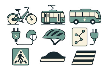Transport symbols and icons representing sustainable mobility trends