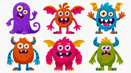 Naklejka premium Six Colorful Cartoon Monsters with Big Eyes and Wide Smiles Keywords: monsters, cartoon, characters, creatures, fantasy, spooky, cute, funny, playful, colorful, purple, orange