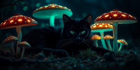 Black cat with glowing green eyes rests among illuminated spotted mushrooms in a dark forest
