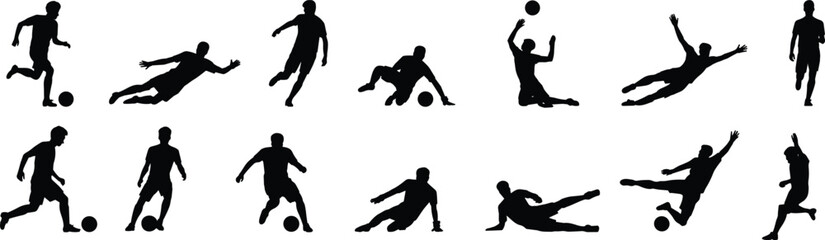 Silhouettes of soccer players in action poses, dynamic football movements, athletic sports image, competitive game, kicking, running, sliding, ball