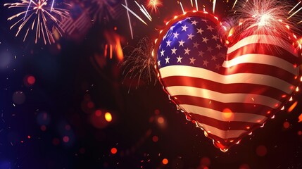 Heart-shaped American flag with fireworks.