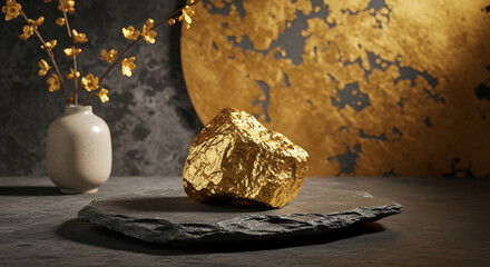 Exquisite gold nugget display, shimmering with wealth against a golden backdrop and floral accents