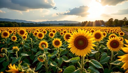 Fototapeta premium A vibrant sunflower field under a cloudy sky, with the sun low in the horizon, casting a warm glow on the yellow flowers.
