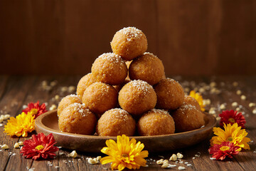 Indian ladoo sweets with marigold flowers