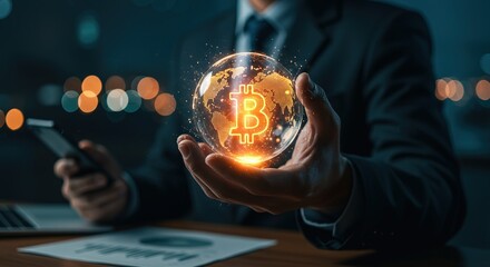 Businessman holding glowing Bitcoin globe, symbolizing global digital finance and cryptocurrency investment opportunities.