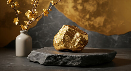 Golden nugget resting on a stone slab with minimalist floral accent, evoking wealth and serene