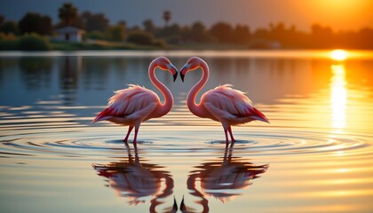 A serene moment at dusk by a tranquil lake, where two flamingos are standing side by side in the calm water