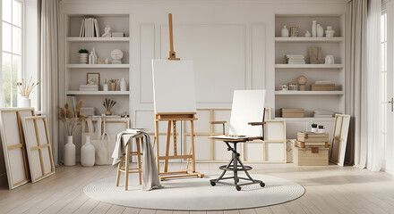 Inspiring art studio setup with bright natural light and painting equipment creates a serene