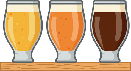 Three different craft beers in tasting glasses arranged on a wooden flight paddle showcasing a variety of colors and foam