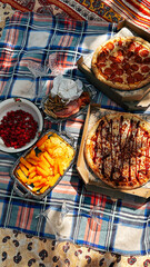 Picnic with pizza, berries, chips, and glasses on a checkered blanket in the grass