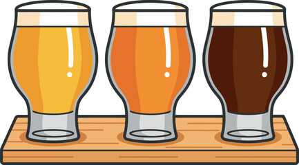 Three different craft beers served in tasting glasses on a wooden flight paddle for a beer tasting experience