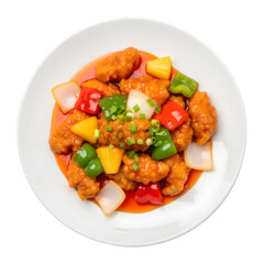 Colorful and delicious sweet and sour chicken, a popular Chinese-American dish with bell peppers, onion, and pineapple, served on a white plate isolated on a transparent background 