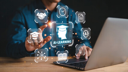 Modern AI-Learning concept with graduation cap icon and laptop, digital education.