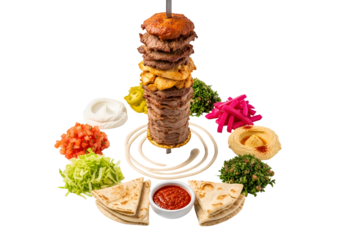 Delicious multi-layered meat skewer surrounded by colorful garnishes and sauces on a black