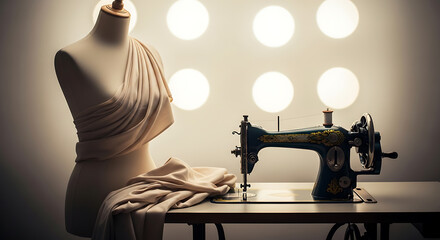 Vintage sewing machine and mannequin illuminated by soft light creating a crafting ambiance