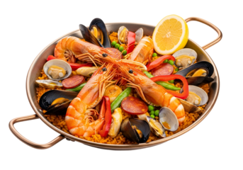 Delicious seafood paella with shrimp mussels and lemon slices in a traditional skillet