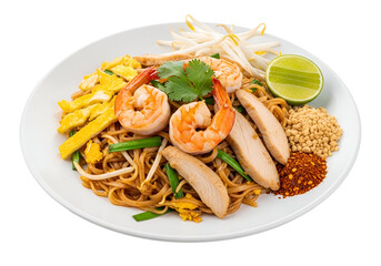 delicious shrimp and chicken stir-fried noodles with lime and herbs on a white plate