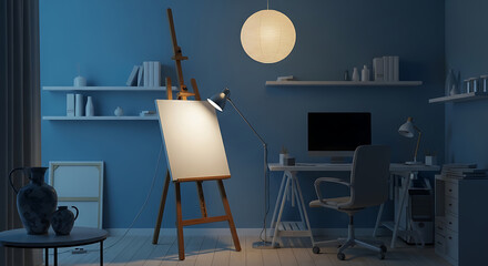 An artist's studio illuminated under the soft glow of a paper lantern in a tranquil ambiance