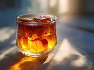 Refreshing glass of whiskey on the rocks with ice cubes in sunlight with a blurred outdoor background